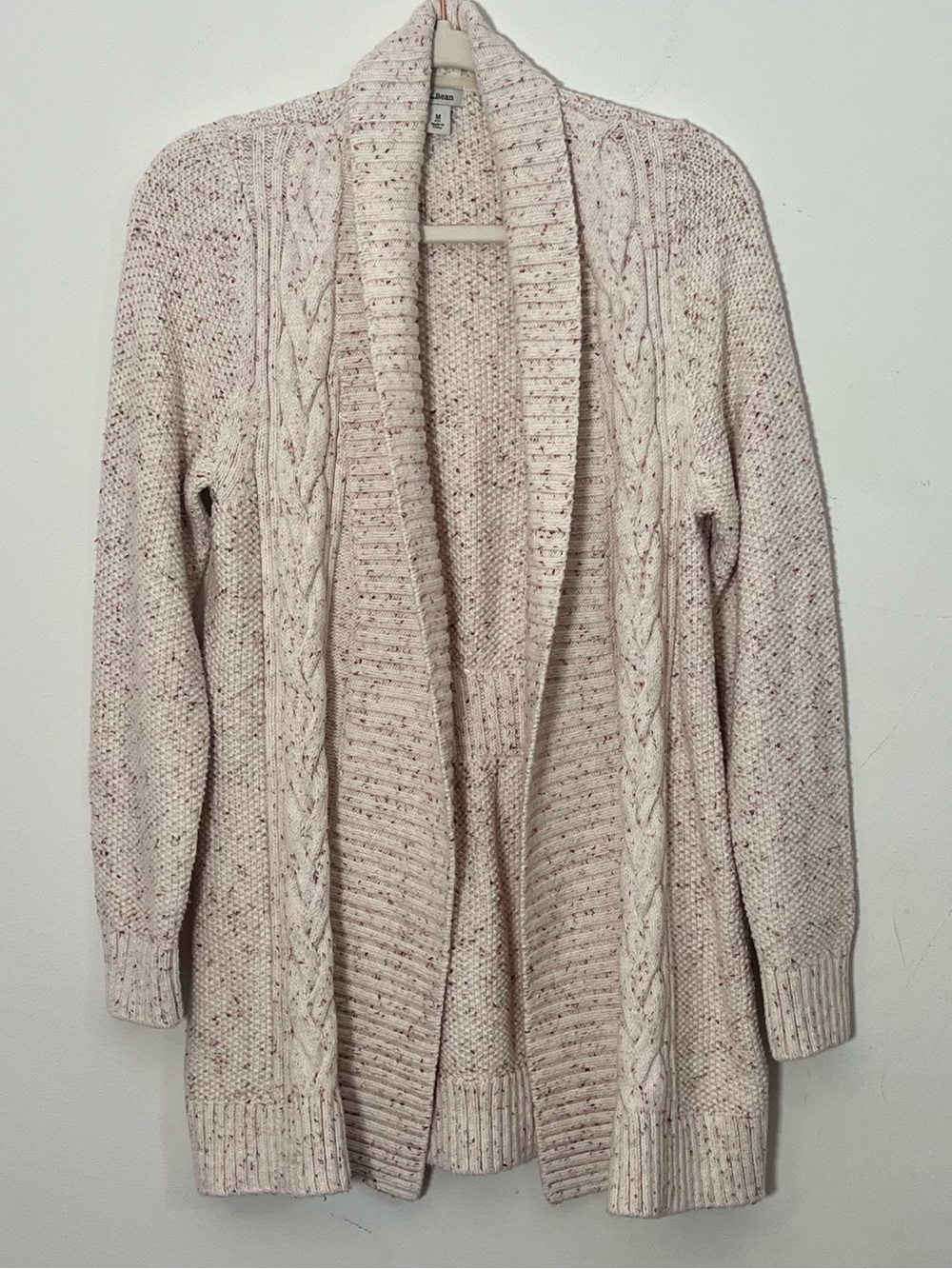 L.L.Bean Women’s Speckled Light Pink Cream Cable Knit Open Cardigan Sweater